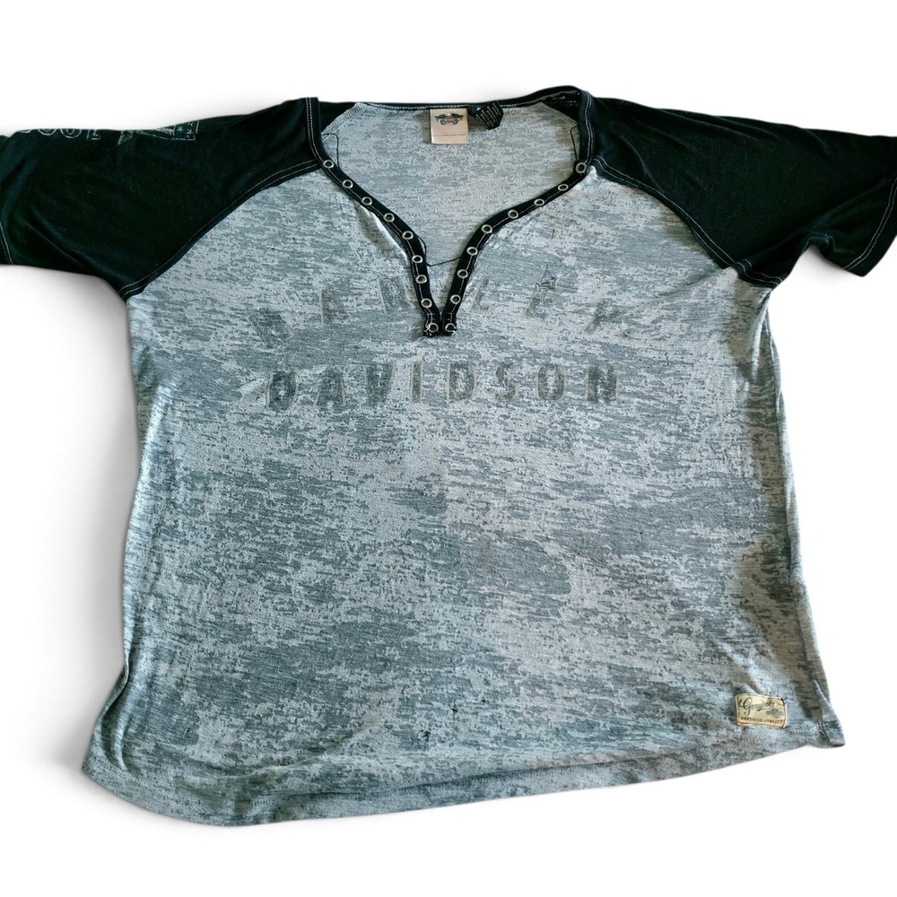 Harley-Davidson Womens 2XL Grey Black Raglan Eagle Graphic Burnout V-Neck Tee